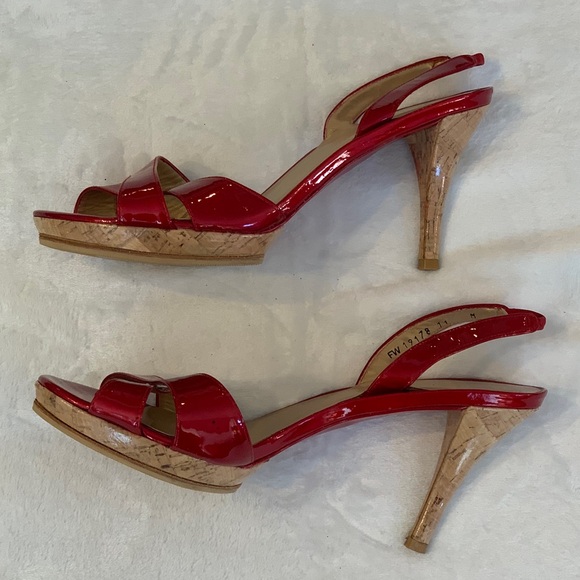 Stuart Weitzman Red Patent Slingback Platform Sandal Heel w/Cork Heels, Worn 1X! - Picture 4 of 11